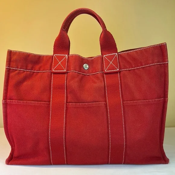 Hermes vintage heavy canvas tote rare red with white detail - Picture 1 of 13